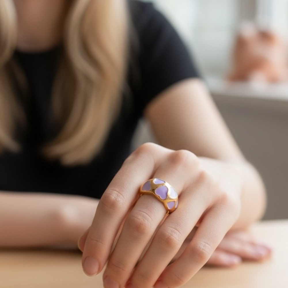 Gold-Tone Purple Enamel Heart Ring - New In Gift Box!